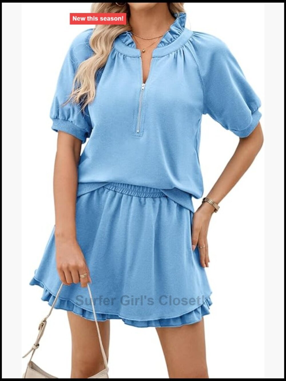 Two Piece Half Zip Up Puff Top and Ruffled Shorts Lounge Set